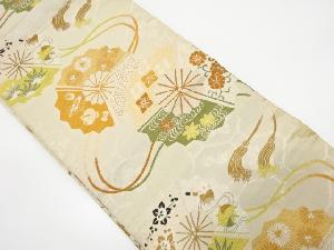 アンティーク　三つ扇に花・糸巻き・宝尽くし模様織り出し丸帯（材料）